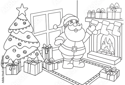 Coloring book page for Christmas. Santa in the living room leaving presents.
