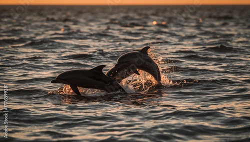 Dolphins Leap Joyfully at Sunset Over the Ocean Waves Near the Shore