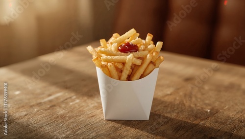 Crispy Golden Fries Served in a White Container With Ketchup on a Wooden Tabl...