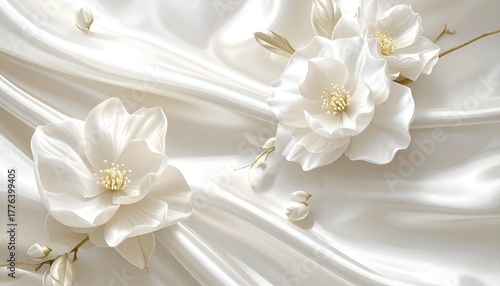 Elegant white flowers delicately arranged on a soft, flowing satin fabric, creating a serene backdrop
