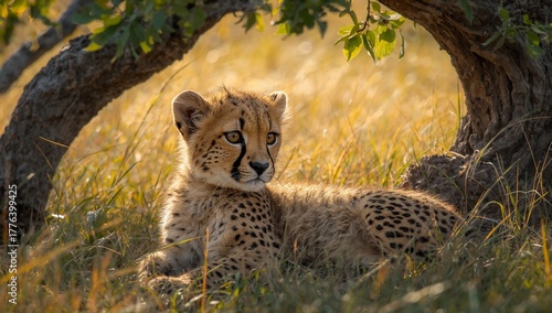 Cheetah Cub Resting Under a Tree in the Warm Sunlight on a Grassy Plain