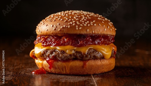 Juicy Sesame Seed Burger With Cheese and Ketchup on a Dark Background