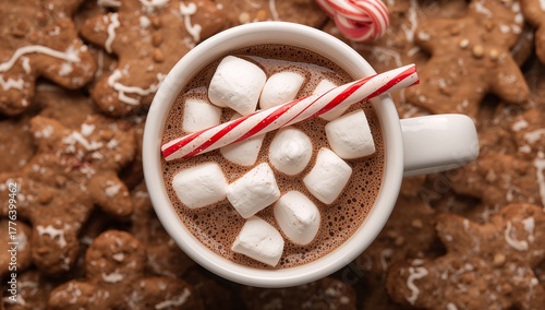 Cozy Warm Hot Chocolate With Marshmallows and Candy Cane on a Festive Cookie ...