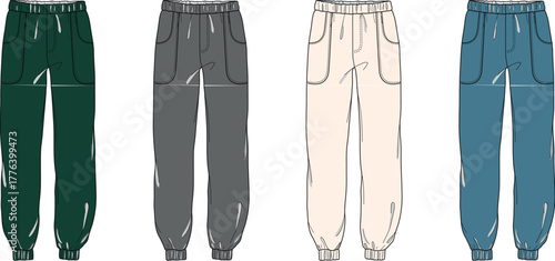 Collection of four technical flat fashion illustrations depicting versatile men's jogger pants in distinct colorways, ideal for apparel design and clothing production specifications