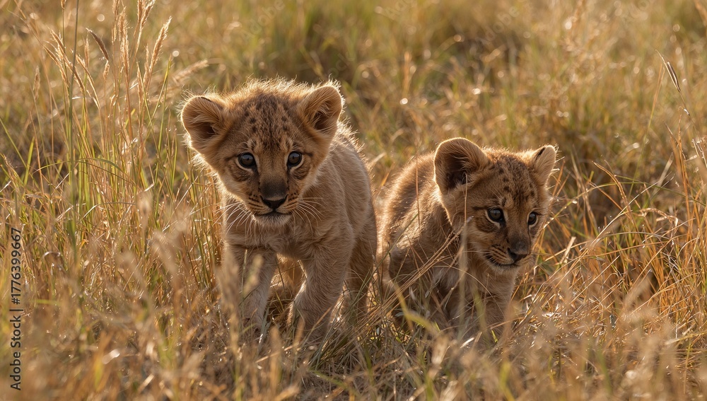Obraz premium Two Playful Lion Cubs Explore the Tall Grass in the African Savanna During Golden Hour Sunlight