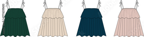 Fashion technical flat sketch of a pleated tiered cami dress with tie straps. A summer apparel design collection in four color variations