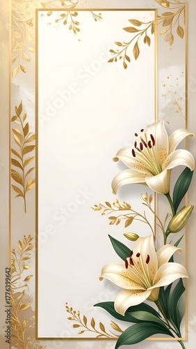 Elegant floral design featuring white lilies and golden leaves on a soft background for invitations