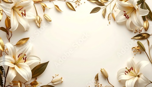Elegant floral arrangement featuring white lilies and golden leaves on a soft beige background