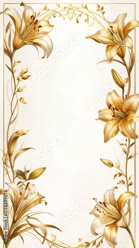 Elegant floral design featuring golden lilies on a soft background, ideal for invitations or decor