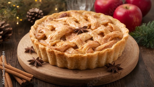 Delicious Apple Pie Served on a Wooden Board With Apples and Spices in a Cozy...
