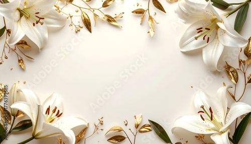 Elegant white lilies adorned with golden leaves create a luxurious floral frame on a soft background