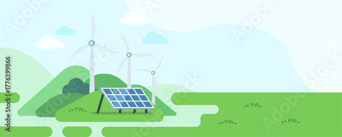 Flat design illustration of solar panel and wind turbines on a green hill