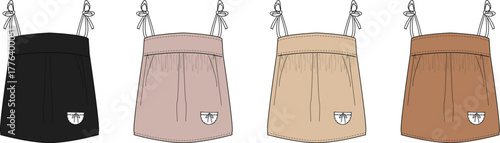 Collection of women's summer camisole tops with tie-shoulder straps. A vector fashion flat sketch technical drawing in neutral colors