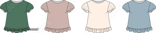 Fashion flat illustrations of a versatile short-sleeved dress featuring playful ruffled cuffs and hem, presented in four distinct soft color variations suitable for casual style
