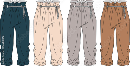 Fashion technical flat sketch set of women's paperbag waist trousers in various colors. Vector illustration of casual high-waisted pants with cuffed ankles and drawstring