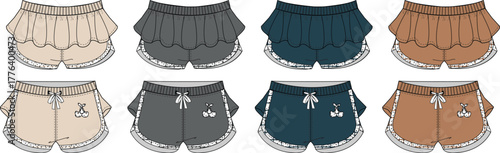 Fashion technical flat sketches featuring a diverse collection of women's comfortable sleep and loungewear shorts designs, including ruffled, lace-trimmed, and drawstring styles in various colors