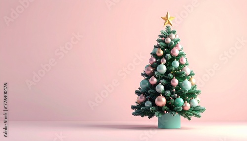 Elegant Christmas tree with pastel ornaments and wrapped gifts against soft pink background