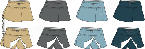 Conceptual illustration of various pleated mini skirts in diverse colors, showcasing both standard and open designs, ideal for fashion apparel or uniform design