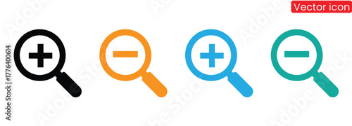 Dynamic magnifying glass icons with plus and minus signs, perfect for web design and user interface elements, offering intuitive zoom controls for enhanced user experience.