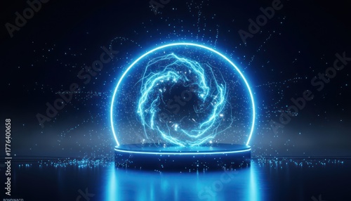 Futuristic blue energy portal with electric swirling light in a neon ring on a podium, abstract digital power display