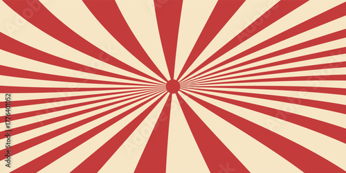 Red sunburst lines on yellow Background. Light sun rays pattern. Vintage stripes halftone radial wallpaper for poster, banner, advertising backdrop, comic or circus scene.