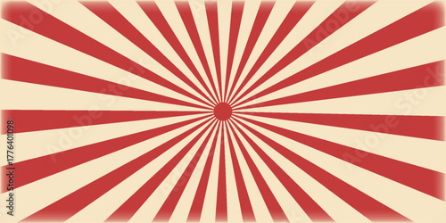 Red sunburst lines on yellow Background. Light sun rays pattern. Vintage stripes halftone radial wallpaper for poster, banner, advertising backdrop, comic or circus scene.