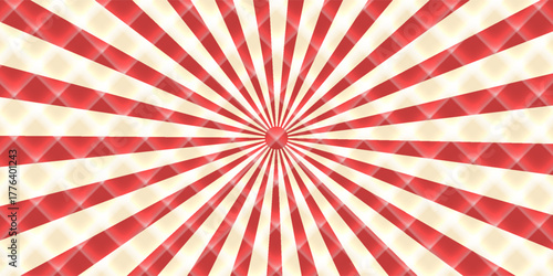 Red sunburst lines on yellow Background. Light sun rays pattern. Vintage stripes halftone radial wallpaper for poster, banner, advertising backdrop, comic or circus scene.