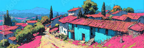 Idyllic Village Scene Charming Houses Nestled Among Lush Mediterranean Landscape, Featuring Vibrant Colors