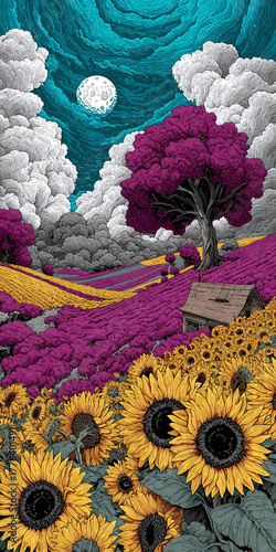 Vibrant Landscape with Sunflowers and Purple Fields Under a Cloudy Sky