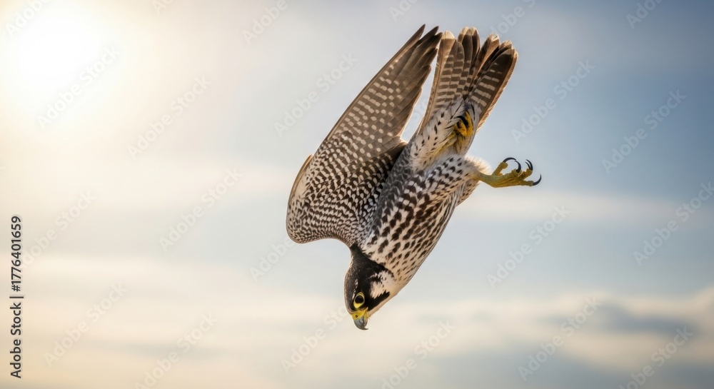 Fototapeta premium Majestic Peregrine Falcon Plummets in Dramatic Mid-Air Dive Against Softly Lit Sky.