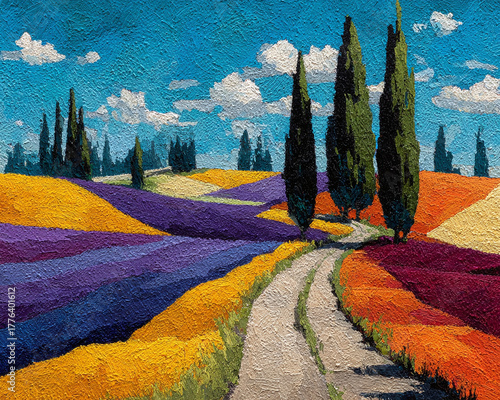 Vibrant impressionist painting of a winding country road through colorful rolling hills, a conceptual journey through a dreamlike summer landscape