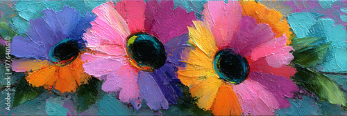 Vibrant Floral Display A Bold, Colorful Trio of Painted Daisies