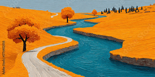 Serene Autumn Landscape A Winding Road and River Flow Through Golden Fields with Majestic Trees