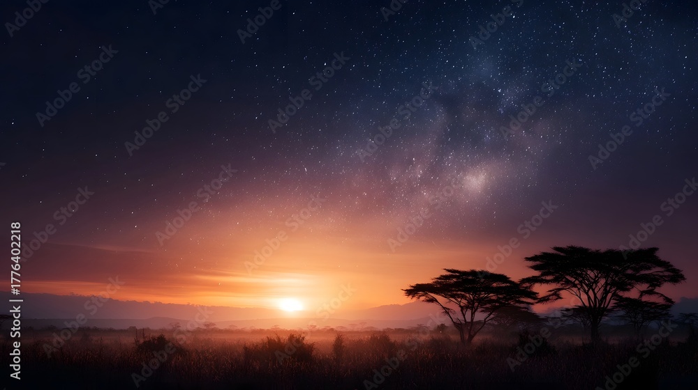 Fototapeta premium Serene African savanna at twilight with acacia trees silhouetted against a vibrant sunset sky and the Milky Way