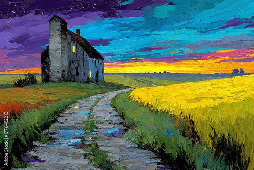 Impressionistic Painting of a Rustic Farmhouse at Dusk with a Winding Path Through Golden Fields Under a Vivid, Colorful Sky