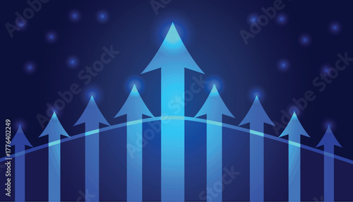 Blue digital technology background with glowing upward trending arrows and scattered lights