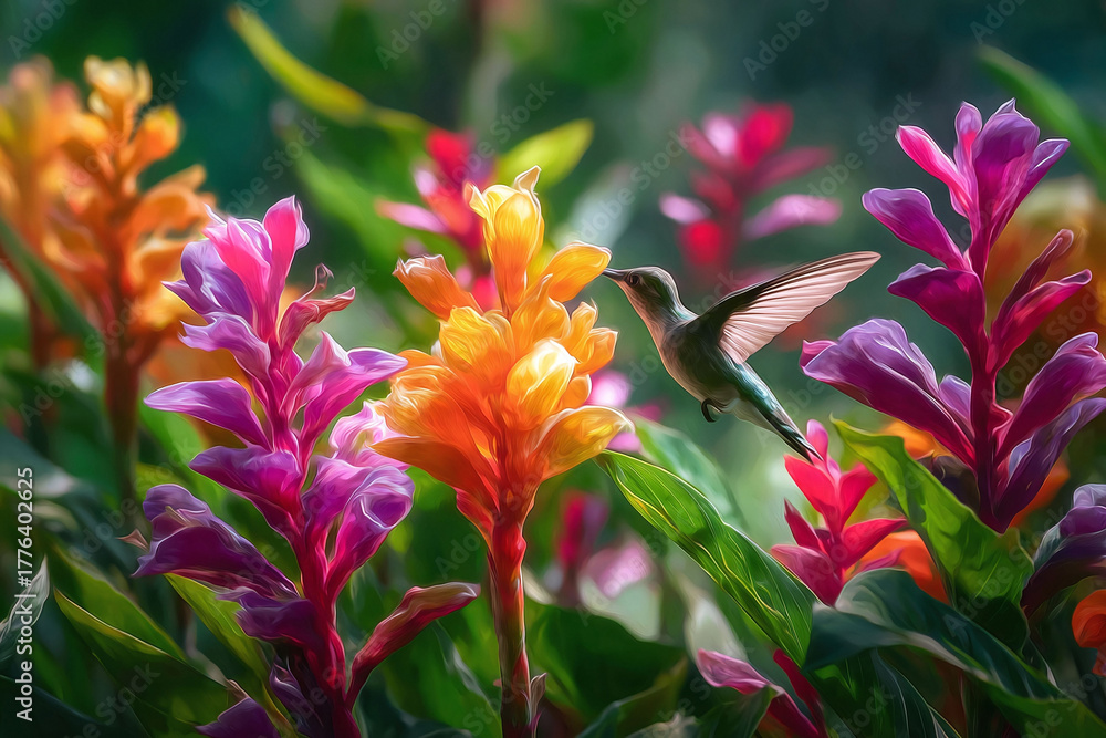 Fototapeta premium A hummingbird sips nectar from vibrant tropical flowers in a lush garden. Evokes beauty, nature, and tranquility. Great for travel, wellness, and art themes.