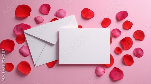 Valentine card mockup with envelope and red rose petals on pink background, romantic love greeting concept, perfect for wedding invitations, love letters, romantic promotions, and card design mockups.