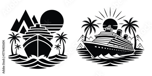Tropical Cruise Ship Travel Vector Badge Logo Illustration Set