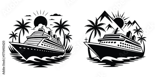 Cruise ship tropical vacation vector illustration set