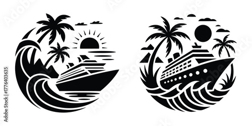 Cruise ship tropical ocean vacation vector illustration badges
