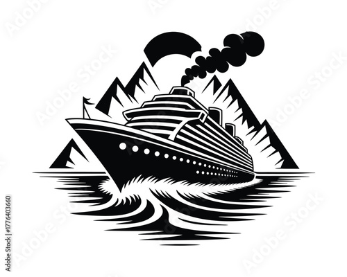 Cruise ship sailing through mountains vector illustration