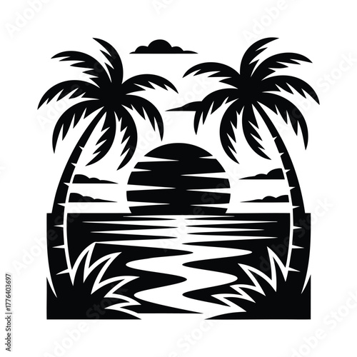 Tropical palm tree sunset reflection vector illustration