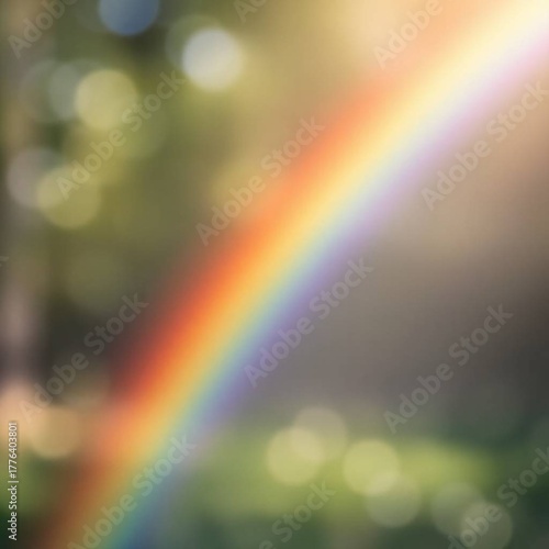 A sharp, focused rainbow is the centerpiece of a dreamy image, surrounded by a blurred bokeh effect, gentle color contrasts create an ethereal, enchanting atmosphere