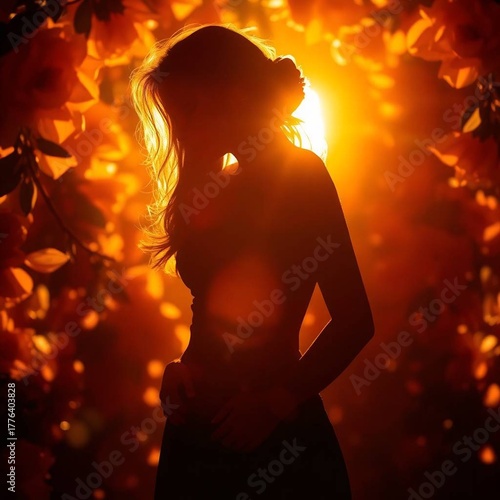 A silhouette bathed in warm golden light against a background of petals and leaves, radiant and luxurious, backlighting creating a halo effectu-