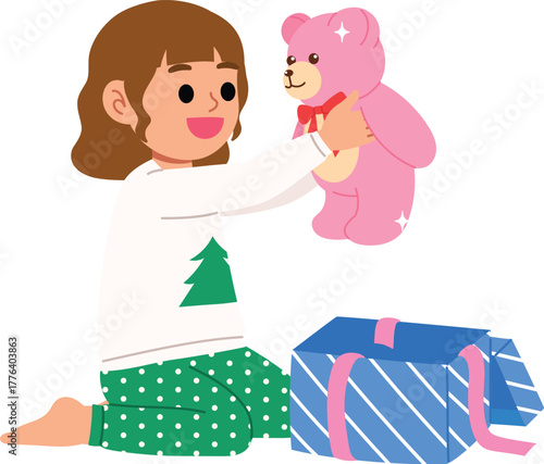 Happy Girl with Pajamas Open Christmas Box, Smile Girl Got Cute Pink Teddy Bear for Christmas, Young Girl Surprise When She Got Festive Present illustration