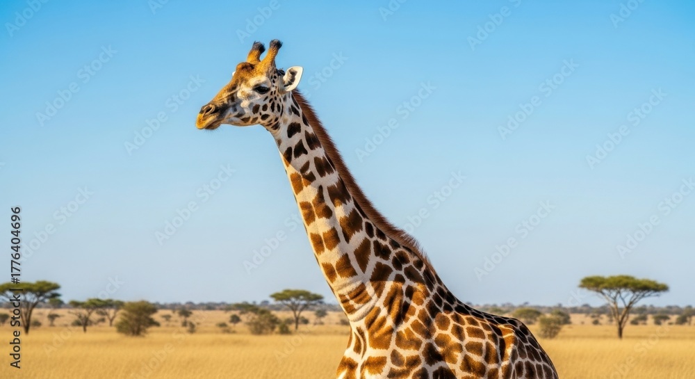 Obraz premium Majestic Giraffe Portrait in African Savanna Under Clear Blue Sky.