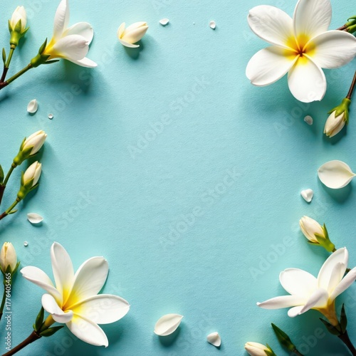 Delicate white blossoms scattered on textured paper , backdrop, serene