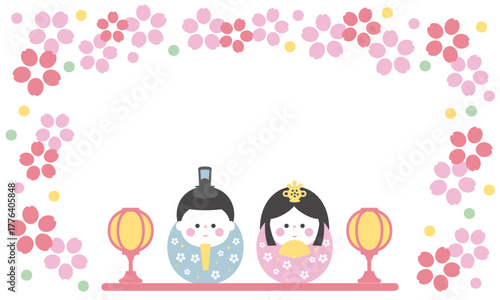 だるま型のかわいいひな人形と花のひなまつりフレーム