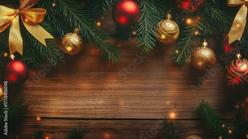 Video Christmas New Years banner red golden ornament balls fir tree branches garland lights arranged in frame on wood background. Template with copy space